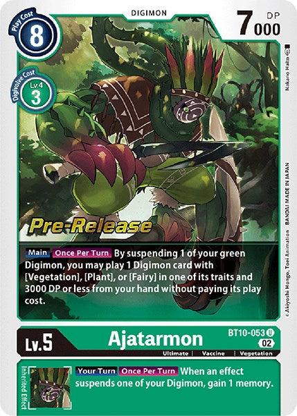 A Digimon card titled "Ajatarmon [BT10-053] [Xros Encounter Pre-Release Cards]" at Level 5. The card has a play cost of 8 and features a green, vegetation-themed Digimon with 7000 DP. The effect text details an Ultimate Digimon summoning ability by suspending another green Digimon. This is a "Pre-Release" version from BT10-053 brought to you by the brand, Digimon.