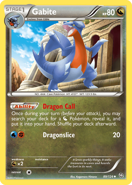 A Pokémon trading card featuring Gabite, a dragon and ground-type Pokémon. This Uncommon card from the Black & White: Dragons Exalted series depicts Gabite standing on two legs with sharp claws and fins. With 80 HP, it boasts the ability "Dragon Call" and the move "Dragonslice," set against a rocky terrain background. This is the Gabite (89/124) [Black & White: Dragons Exalted] by Pokémon.