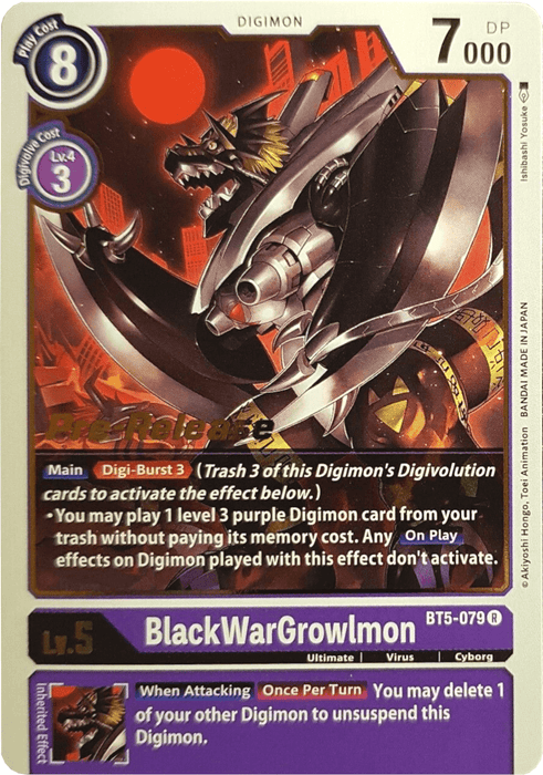 A Digimon card named BlackWarGrowlmon [BT5-079] from the Battle of Omni Pre-Release Promos series. This card features a fierce, armored dragon-like Digimon with claws and a glowing red blade on a purple border. It has 7000 DP, a play cost of 8, and a digivolve cost of 3. As a Level 5 card, it includes Digi-Burst 3 effects and special abilities.