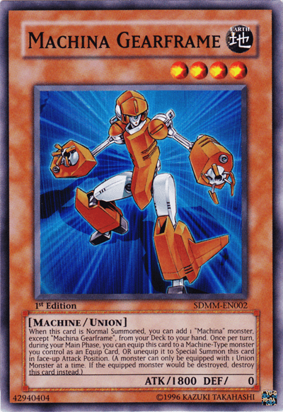 A Yu-Gi-Oh! trading card titled "Machina Gearframe [SDMM-EN002] Super Rare" from the Machina Mayhem set. This Super Rare Union Monster showcases an orange and silver humanoid robot with gear-like joints, posed dynamically against a blue digital background. It belongs to the "Machine/Union" category and sports 4 stars, an ATK of 1800, and DEF of 0.