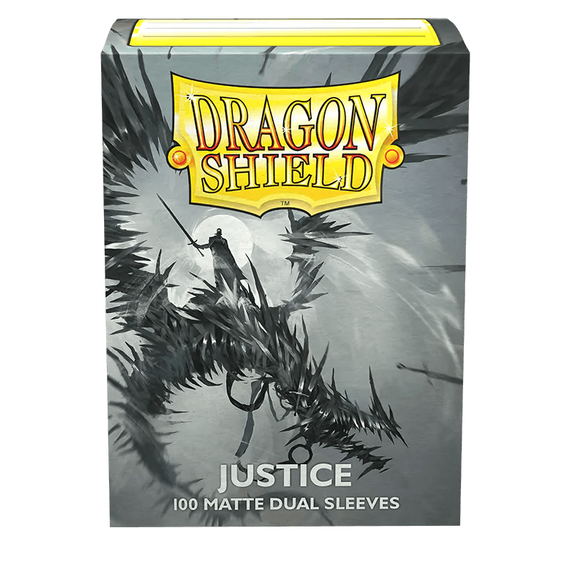 A package of Arcane Tinmen Dragon Shield: Standard 100ct Art Sleeves - Justice (Dual Matte). The artwork on the packaging features a person in armor holding a sword and shield, surrounded by dark, spiked branches. The bottom of the package states 