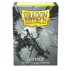 A package of Arcane Tinmen Dragon Shield: Standard 100ct Art Sleeves - Justice (Dual Matte). The artwork on the packaging features a person in armor holding a sword and shield, surrounded by dark, spiked branches. The bottom of the package states "100 Dual Matte Sleeves" for your TCG cards.