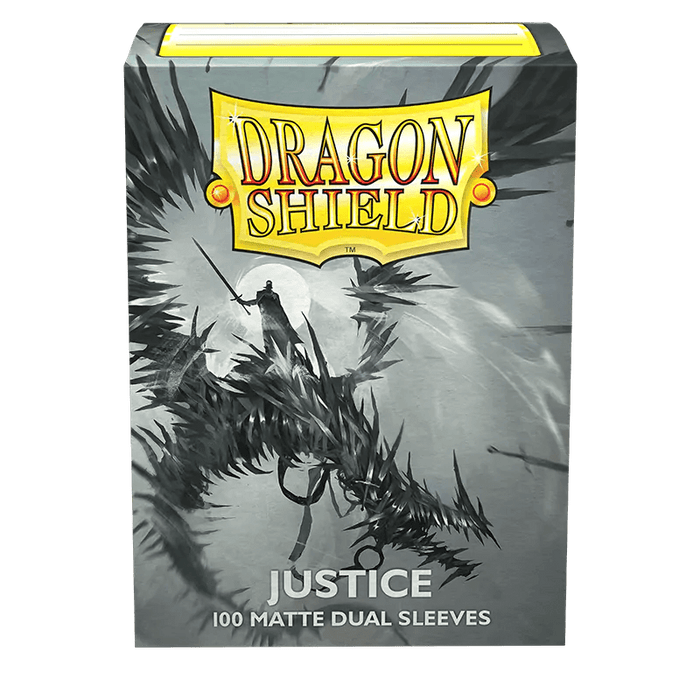 A package of Arcane Tinmen Dragon Shield: Standard 100ct Art Sleeves - Justice (Dual Matte). The artwork on the packaging features a person in armor holding a sword and shield, surrounded by dark, spiked branches. The bottom of the package states "100 Dual Matte Sleeves" for your TCG cards.