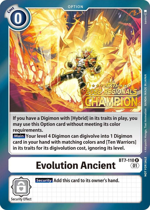 A trading card titled "Evolution Ancient [BT7-110]" with vivid artwork featuring a golden warrior figure amidst lightning and fiery energy. As part of the Digimon series, this card details its effects and was recognized as an "Online Champion" in the 2022 Championship Offline Regional. It has a cost of 0 and is included in the Next Adventure Promos set.