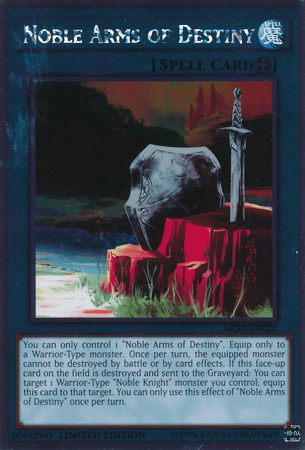 The "Noble Arms of Destiny [NKRT-EN022] Platinum Rare," a Yu-Gi-Oh! Equip Spell Card, features a mystical sword embedded in stone, surrounded by red cloth. With intricate blue border designs, this card equips to Warrior-Type monsters to provide protective abilities, making it an ideal addition to any Noble Knights deck.