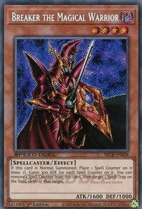 The image displays a Yu-Gi-Oh! trading card titled 'Breaker the Magical Warrior (Secret) [SBCB-EN008]' in its Secret Rare form. The card portrays a red-armored warrior wielding a staff. This Effect Monster is categorized under 