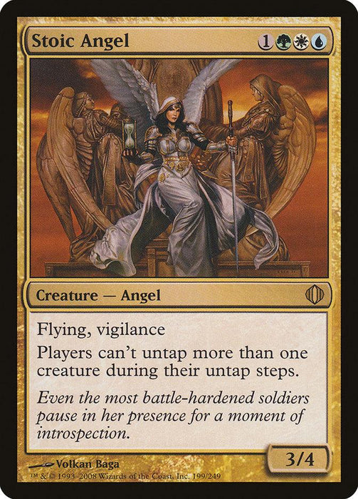 A Magic: The Gathering card titled "Stoic Angel [Shards of Alara]" from the Shards of Alara set. This rare Creature Angel displays an angelic figure with armor and wings, holding a staff, flanked by two statues. The card's mana cost is represented by green, white, and blue symbols; it has flying, vigilance, and a power/toughness of 3/4.