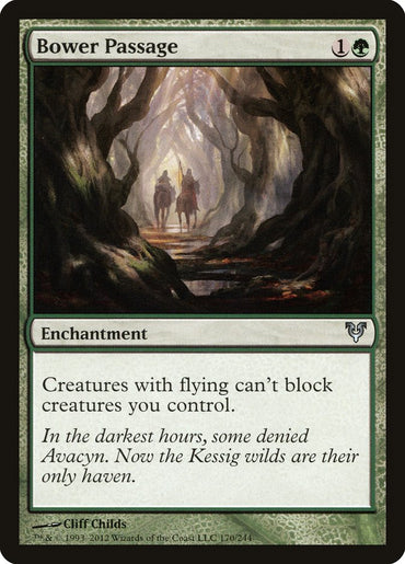 The "Bower Passage" card from Magic: The Gathering's Avacyn Restored set features artwork of a verdant forest tunnel with two armored figures riding horseback. Sunlight streams through the thick foliage overhead. This green enchantment card states that creatures with flying cannot block your creatures.