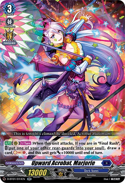 A Double Rare card from the trading card game "Cardfight!! Vanguard," produced by Bushiroad, featuring "Upward Acrobat, Marjorie (D-BT01/014EN) [Genesis of the Five Greats]." The illustration showcases a colorful character in vibrant, acrobatic attire against an abstract, magical backdrop. This card is part of the Genesis of the Five Greats set and has a Dark States affiliation with a critical level of 1.