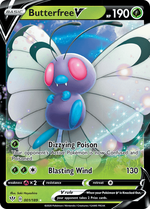 A Pokémon trading card featuring Butterfree V (001/189) [Sword & Shield: Darkness Ablaze] from Pokémon. This Ultra Rare Grass Type card showcases a colorful illustration of Butterfree, a butterfly-like Pokémon with large white wings adorned with green spots, a purple body, and blue limbs and antennae. The card details moves Dizzying Poison and Blasting Wind, including specs like HP 190.
