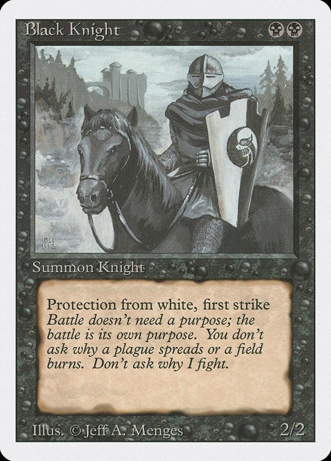 A Magic: The Gathering card, Black Knight [Revised Edition], features a Human Knight on a black horse carrying a shield. The knight has protection from white and first strike abilities. Illustrated by Jeff A. Menges, it includes flavor text and boasts stats of 2/2.