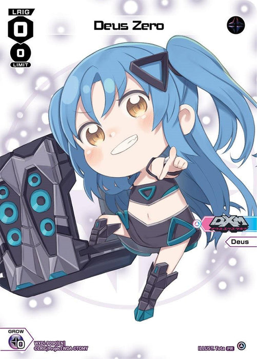 An anime-style chibi character with blue hair in a ponytail, wearing a black outfit with teal accents, grins mischievously while pointing forward. The character stands next to a large, futuristic black and teal weapon. Text on the image includes "Deus Zero (Chibi) (WXDi-P090)" and "LRIG 0", part of an exclusive Promo by TOMY.