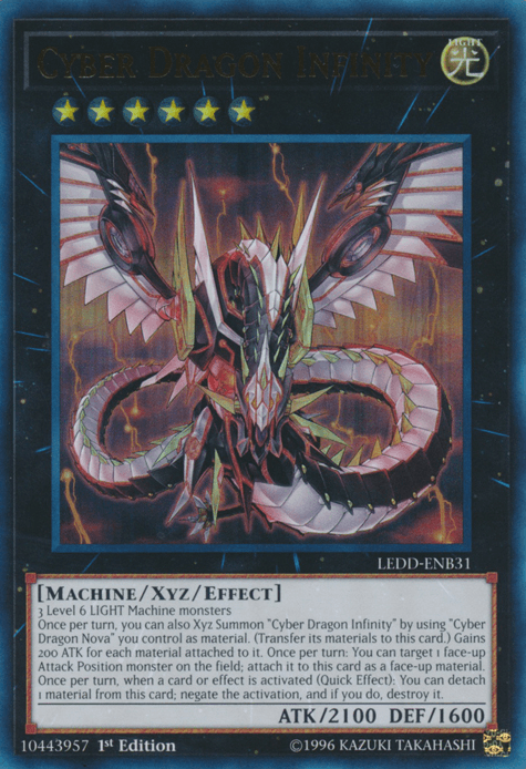 A Yu-Gi-Oh! Cyber Dragon Infinity [LEDD-ENB31] Ultra Rare. This shiny, black-bordered card features a mechanical dragon with 2100 attack points and 1600 defense points. As a MACHINE/XYZ/EFFECT type, it requires 3 level 6 Light Machine monsters for an Xyz Summon.