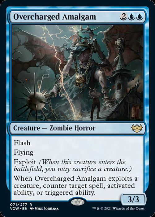 A Magic: The Gathering card from Innistrad: Crimson Vow, titled "Overcharged Amalgam [Innistrad: Crimson Vow]," depicts a monstrous Zombie Horror with electrical energy coursing through it, set against a dark and stormy background. It has the attributes "Flash," "Flying," and "Exploit," with powers to counter spells or abilities.