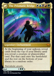 Image shows a Magic: The Gathering card named "Esika, God of the Tree // The Prismatic Bridge [Kaldheim]" from the Kaldheim set. It's a legendary enchantment with a gold border. In the artwork, a silhouette of a figure stands on the bridge beneath a vibrant aurora. The text describes its mythic ability, and the card features a multicolored mana symbol with a God subtype.