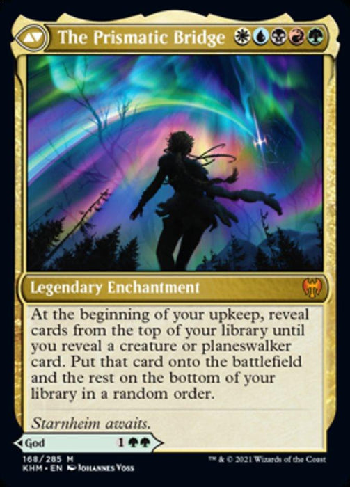 Image shows a Magic: The Gathering card named "Esika, God of the Tree // The Prismatic Bridge [Kaldheim]" from the Kaldheim set. It's a legendary enchantment with a gold border. In the artwork, a silhouette of a figure stands on the bridge beneath a vibrant aurora. The text describes its mythic ability, and the card features a multicolored mana symbol with a God subtype.