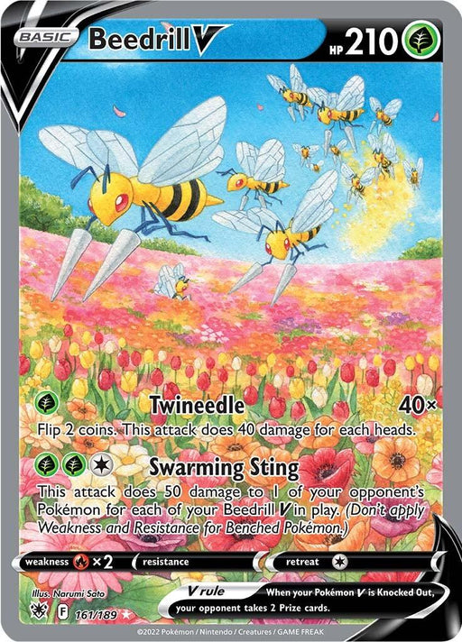 A Pokémon Beedrill V (161/189) [Sword & Shield: Astral Radiance] card featuring Beedrill V, an Ultra Rare Grass Type with a yellow-and-black striped body and large wings, flying above a colorful flower field. Text details its 210 HP, Twineedle and Swarming Sting attacks, and V rule. Illustrated by Misa Tsutsui for Sword & Shield: Astral Radiance, card 161/189. ©2022 by Pokémon.
