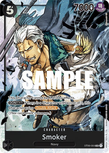 An illustration of a Super Rare card for the character "Smoker" from a card game. Smoker, holding a large weapon, is depicted in a dynamic pose with a stern expression, surrounded by smoky effects. The card details include power (7000), cost (5), and special abilities such as "Double Attack." The Smoker [Starter Deck: Absolute Justice] card is watermarked with "SAMPLE," and text at the bottom indicates it is part of Bandai's collection.