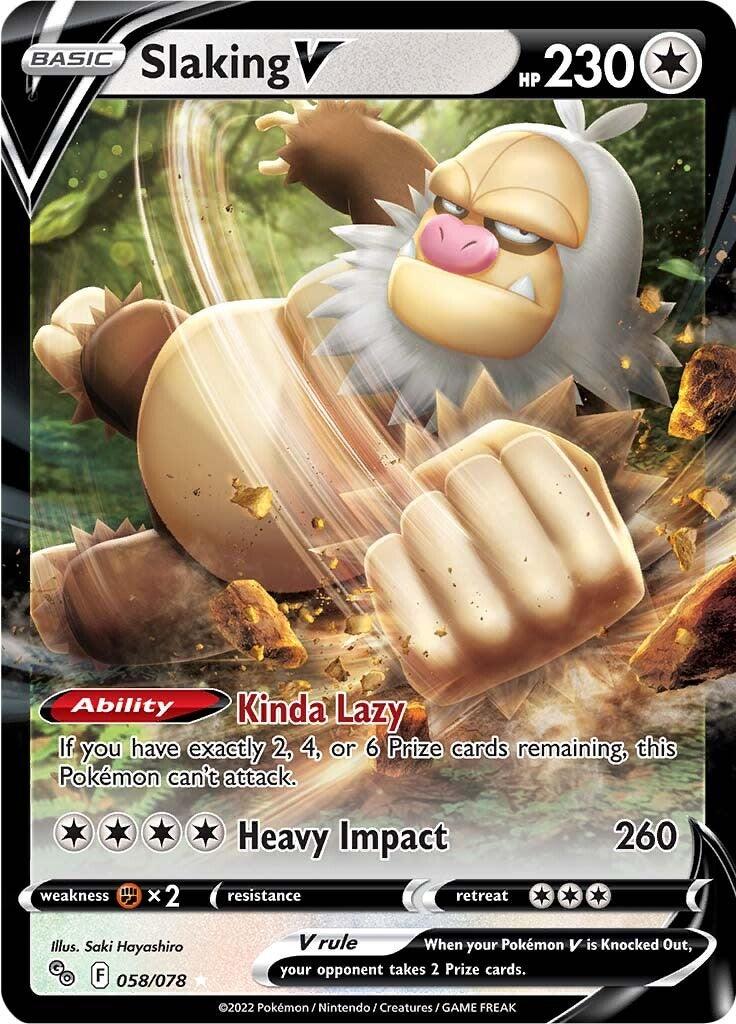 A Slaking V (058/078) [Pokémon GO] from the Pokémon series, boasting 230 HP. This Ultra Rare card features Slaking in a powerful, lunging pose with its fist prominently forward. It has an ability called 