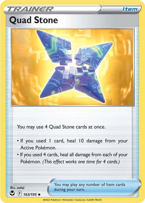 The image shows a Pokémon trading card called "Quad Stone (163/195) [Sword & Shield: Silver Tempest]." It is an Item Trainer card with a yellow border and a background of a glowing, four-part stone. The card allows healing effects when used. The artist is Sadaji, and it is from the 2022 Sword & Shield: Silver Tempest set.