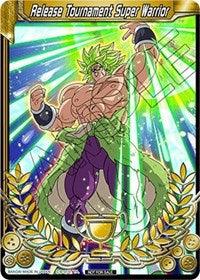 A muscular warrior with green hair stands powerful and triumphant, surrounded by glowing green beams of light. He has clenched fists and wears purple pants along with a green sash. The card's border features laurel leaves and a golden trophy at the bottom center, emphasizing its rarity merit. Text on top says "Release Tournament Super Warrior (Destroyer Kings Release Tournament - Merit Card) [Tournament Promotion Cards].