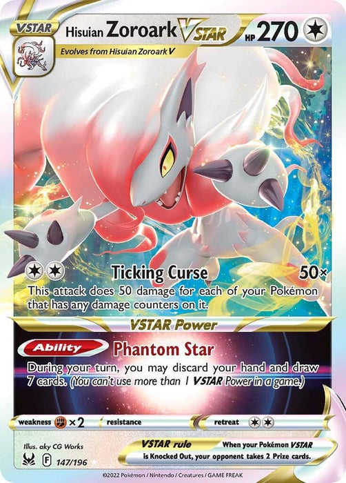 The image displays a Hisuian Zoroark VSTAR (147/196) [Sword & Shield: Lost Origin] Pokémon card with a rainbow holographic effect. The card indicates Hisuian Zoroark VSTAR's HP as 270 and features attacks including Ticking Curse and an ability called Phantom Star. Numbered 147/196, it's from the 2022 Pokémon Sword & Shield series.