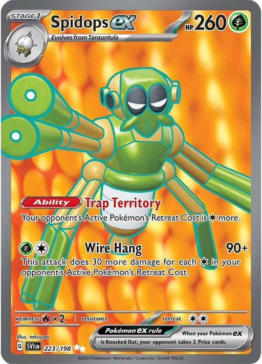 A Secret Rare Pokémon card from the Scarlet & Violet Base Set features Spidops ex (223/198) [Scarlet & Violet: Base Set], a Grass Type Stage 1 Pokémon with 260 HP. The card background is orange with a web pattern. Spidops ex is green and insect-like with long limbs, boasting the Ability "Trap Territory" and the attack "Wire Hang." Its weakness is Fire (x2), and the retreat cost is
