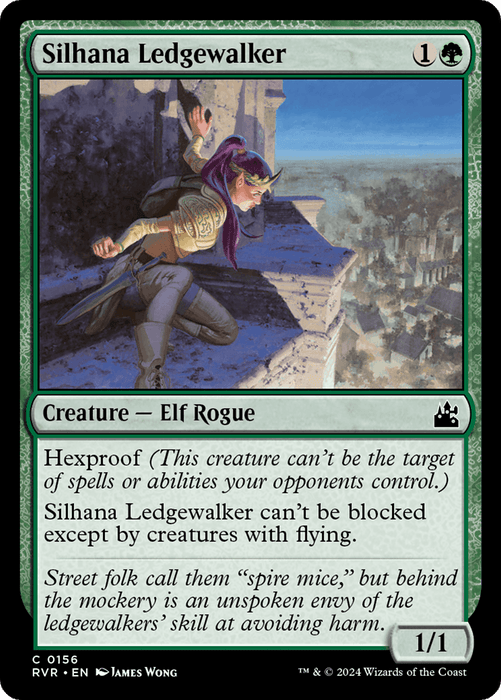 The Magic: The Gathering card "Silhana Ledgewalker [Ravnica Remastered]" costs 1 generic and 1 green mana. This Elf Rogue comes with power/toughness of 1/1 and features Hexproof along with the ability to evade blockers except those with flying. The flavor text emphasizes her streetwise reputation.