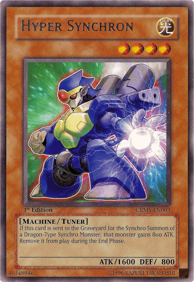 A Yu-Gi-Oh! card named "Hyper Synchron [CRMS-EN003] Rare" from the Crimson Crisis set, featuring an orange frame indicating it is an Effect Monster. The futuristic robot in blue and yellow armor emits green energy. With 1600 ATK and 800 DEF points, this Tuner Monster powers up Dragon-Type Synchro Monsters with its unique abilities.