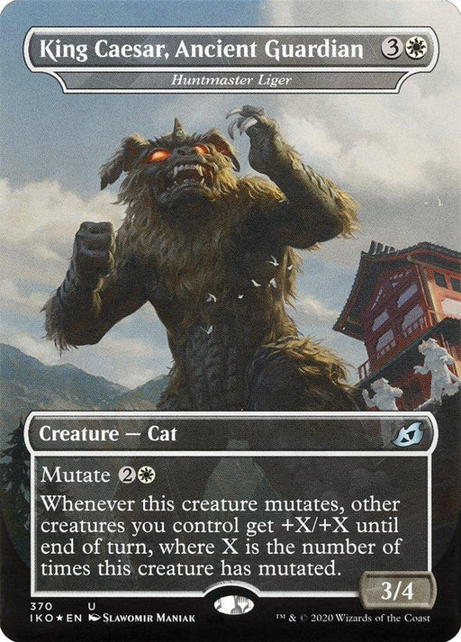 The image is a Magic: The Gathering card titled "Huntmaster Liger - King Caesar, Ancient Guardian (Godzilla Series)" from Ikoria: Lair of Behemoths. This Creature — Cat depicts a large, armored lion in front of a traditional Japanese building. It shows stats: Mutate 2W, power 3/4, and special abilities for mutated creatures.