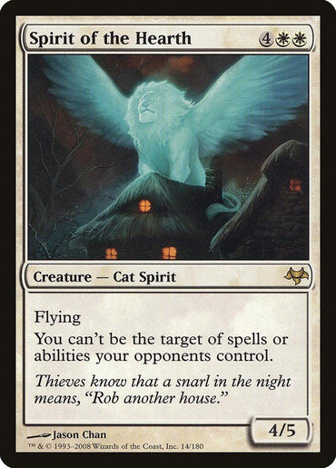 The "Spirit of the Hearth [Eventide]" Magic: The Gathering card showcases a spectral Cat Spirit with wings, hovering over a dark, thatched-roofed house at night. With the ability to fly and grant hexproof to its controller, it has a power/toughness of 4/5.