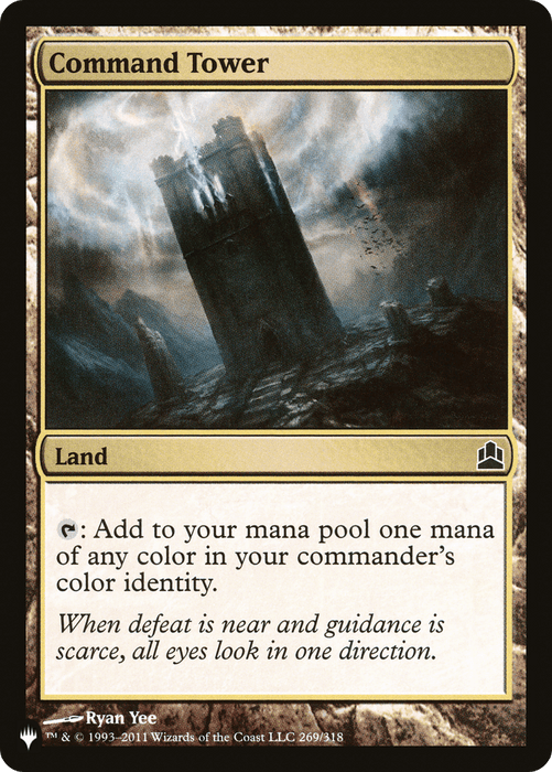 An image of the Magic: The Gathering card "Command Tower [Secret Lair: From Cute to Brute]." This Land type card, featured in a Secret Lair set, showcases art by Ryan Yee depicting a dark, foreboding tower under stormy skies. It can add one mana of any color in your commander's color identity. Flavor text reads, "When defeat is near and guidance is scarce, all eyes look in one direction.