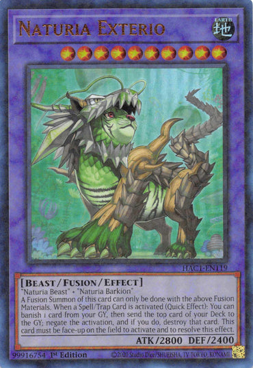 This is an image of the "Naturia Exterio (Duel Terminal) [HAC1-EN119] Parallel Rare" Yu-Gi-Oh! trading card. It features a fantasy beast with green, plant-like features, golden armor, and piercing eyes. As a Fusion/Effect Monster, it boasts 2800 attack power, 2400 defense power, and special abilities that counter any Spell/Trap Card.