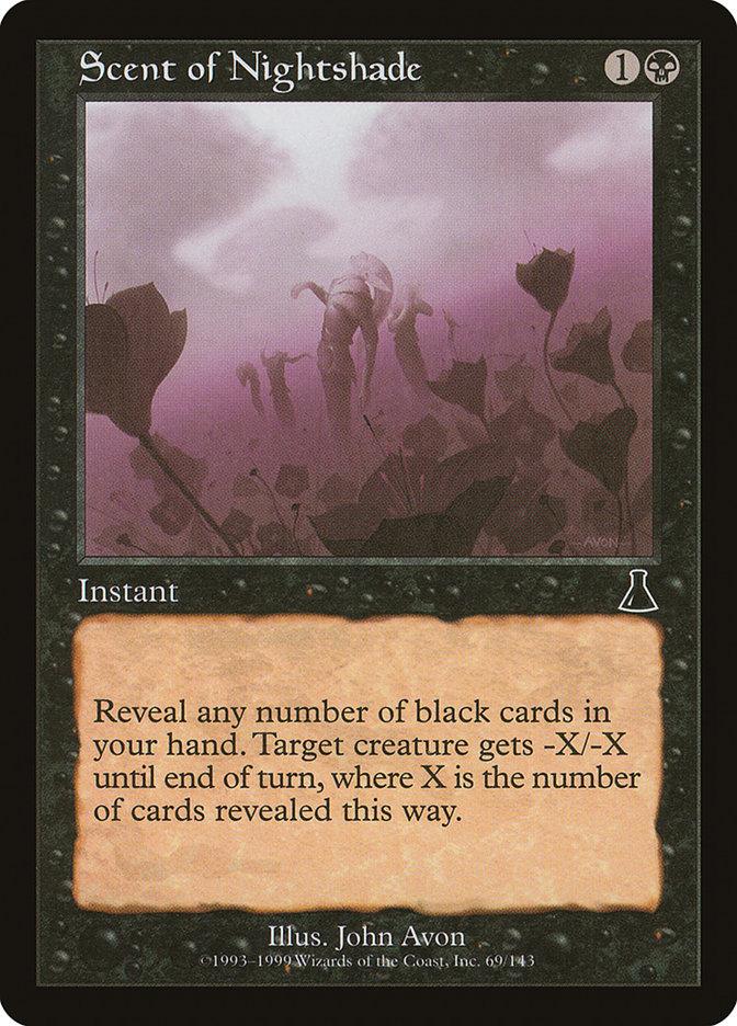 A Magic: The Gathering card named Scent of Nightshade [Urza's Destiny] from Magic: The Gathering. It is an instant with a black border and mana cost of one black and one generic. The artwork depicts a foggy, surreal landscape filled with ominous flowers. Reveal any number of black cards; target creature gets -X/-X until end of turn based on the revealed cards. Illustrated by John