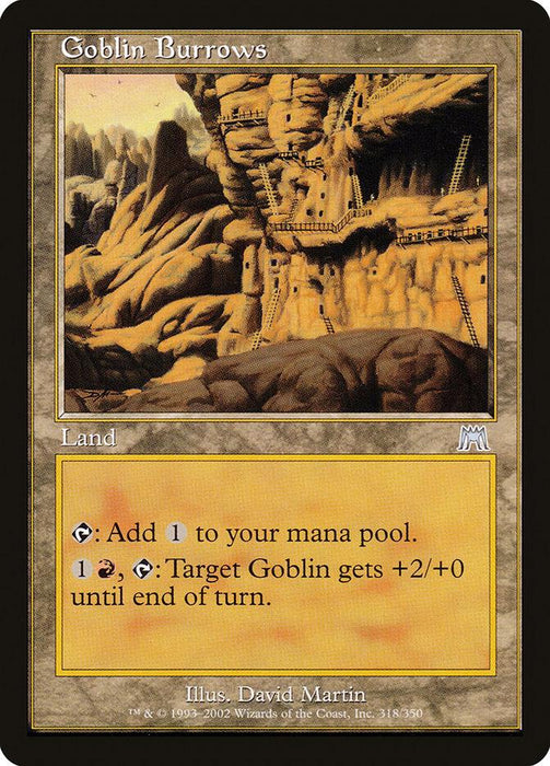 A Goblin Burrows [Onslaught] Magic: The Gathering card. This Uncommon Land card features an illustration by David Martin, depicting a series of dugout caves and wooden scaffolding in rocky, mountain-like terrain. The card text includes mana generation and a combat ability for Goblin creatures.