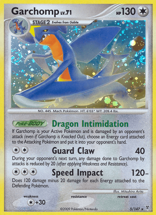 A Pokémon trading card features Garchomp, a dragon-like creature with blue scales, orange details, and large fins on its head. The Holo Rare card from Platinum: Supreme Victors includes its stats: Level 71, 130 HP, and moves like Guard Claw and Speed Impact against a holographic, starry background. The product is the Garchomp (5/147) [Platinum: Supreme Victors] from Pokémon.