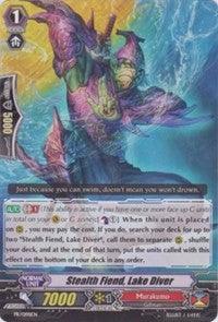 A trading card depicts a fantasy creature called "Stealth Fiend, Lake Diver." The creature is a purple and green humanoid with a trident, emerging from water. This Promo Rare card from the Dragon Empire has several sections of text detailing its abilities and stats. The attack power is 7000 with 5000 shield points. This [Stealth Fiend, Lake Diver (PR/0198EN) [Promo Cards]] card by Bushiroad showcases impressive artwork and gameplay attributes.