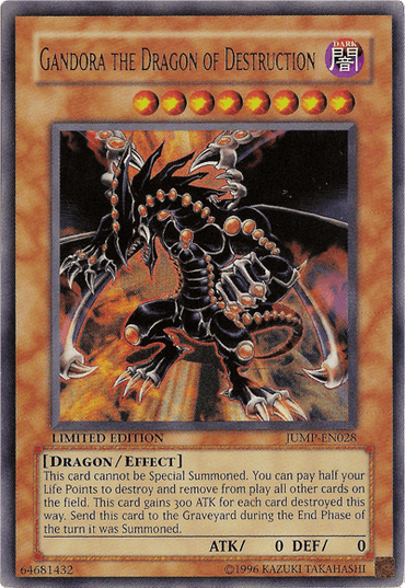 A "Yu-Gi-Oh!" trading card titled "Gandora the Dragon of Destruction [JUMP-EN028]," an Ultra Rare Dragon/Effect monster from the Shonen Jump Magazine Promos. The illustration showcases a dark, menacing dragon adorned with multiple wings and intricate armor, featuring 0 ATK and 0 DEF, along with detailed effect text.