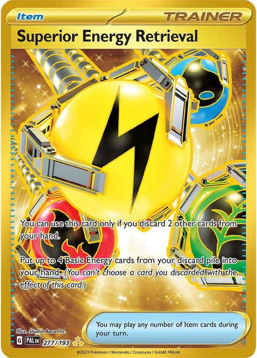 A "Superior Energy Retrieval (277/193) [Scarlet & Violet: Paldea Evolved]" card from the Pokémon Trading Card Game. Set against a bright yellow background with a prominent lightning bolt symbol in the center, and energy symbols around it, this Hyper Rare card from the Scarlet & Violet series explains how to use it in gameplay, including discarding and retrieving energy cards.
