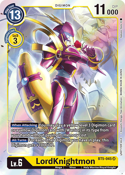 The Digimon LordKnightmon [BT5-045] (Event Pack) [Battle of Omni Promos] is a Super Rare digital trading card featuring a Level 6 Mega Digimon with a play cost of 13 and 11,000 DP. This yellow Digimon is adorned in intricate armor and wields a large shield. As part of the Battle of Omni Promos, the card highlights attack abilities and game rules in white text set within gray boxes.