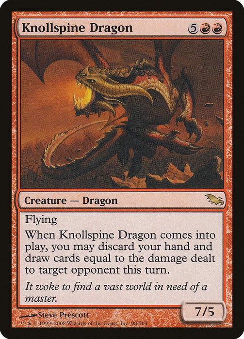 A Magic: The Gathering product named Knollspine Dragon [Shadowmoor] from the Shadowmoor set. This rare card costs 5 red mana and 2 colorless mana. It is a 7/5 creature with flying. The card's text describes a special ability triggered upon entering the battlefield, and lore text at the bottom. Art by Steve Prescott.