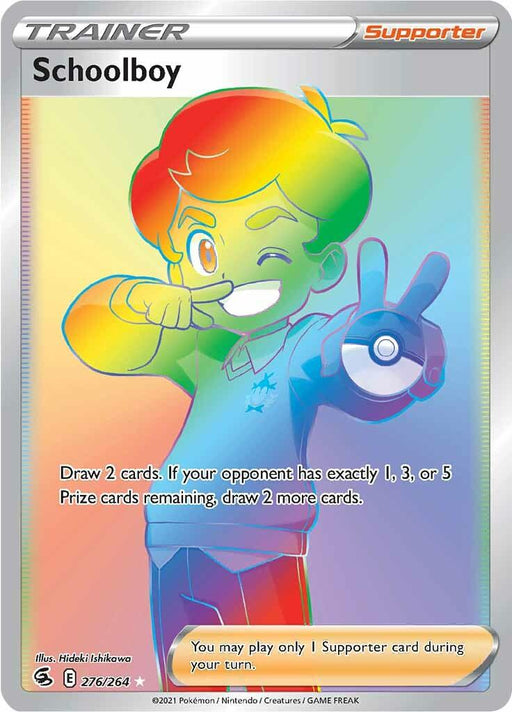 A Pokémon trading card titled "Schoolboy (276/264) [Sword & Shield: Fusion Strike]" from the Trainer category is part of the Fusion Strike set. The card depicts a winking boy with green hair, wearing a blue shirt, and pointing forward with his right hand while making a peace sign with his left hand. The text instructs when to draw cards and mentions the illustrator.