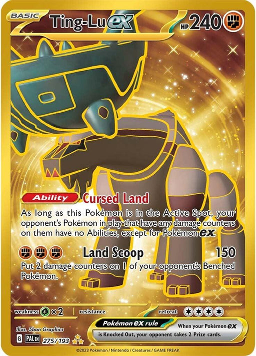 A Hyper Rare Pokémon card of Ting-Lu ex (275/193) [Scarlet & Violet: Paldea Evolved] from the Pokémon brand. The card features a gold border and a detailed image of Ting-Lu, a large, brown quadruped with a bowl-shaped head. Its abilities include "Cursed Land" and the attack "Land Scoop," which does 150 damage.