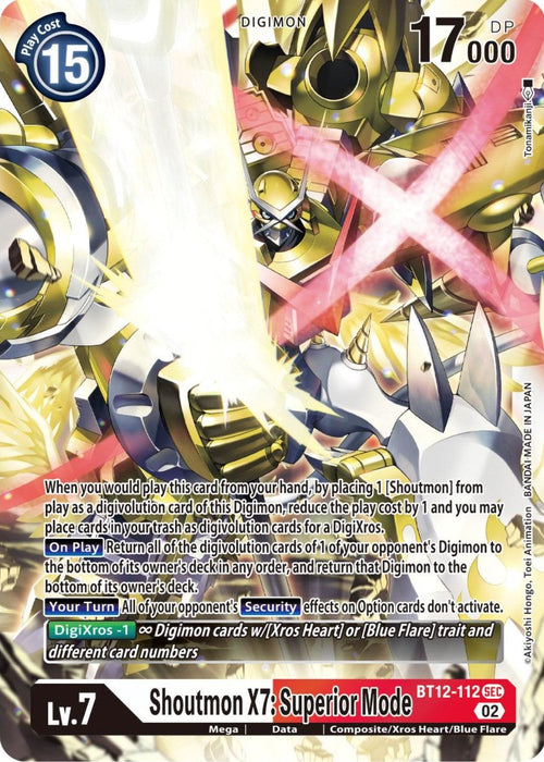 Alt Text: A Digimon trading card titled "Shoutmon X7: Superior Mode [BT12-112] [Across Time]." This Secret Rare depicts a powerful Digimon adorned in futuristic armor and wielding a large weapon. It has a play cost of 15, level 7, and boasts 17,000 DP along with multiple intricate abilities and DigiXros effects.