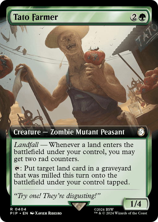 Image of a Magic: The Gathering card titled "Tato Farmer (Extended Art) [Fallout]." It features a zombie mutant peasant holding a large potato and wearing a straw hat. The card costs 2 green mana, has power/toughness of 1/4, and includes the abilities Landfall, rad counters, and milling land cards to return under control tapped.