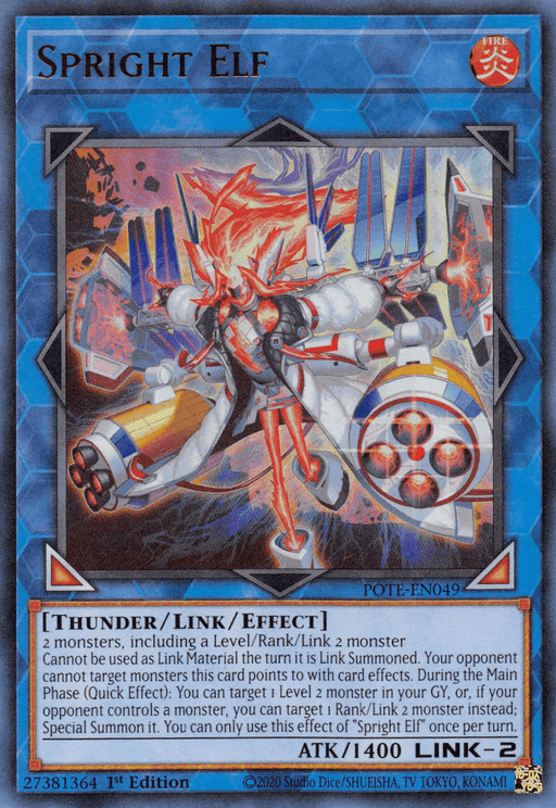A Yu-Gi-Oh! product named "Spright Elf [POTE-EN049] Ultra Rare," an Ultra Rare Link/Effect Monster featuring a humanoid elf with flaming red hair and armor, surrounded by blue geometric patterns. With a Link rating of 2, its text details its summoning and effect capabilities. The card is from the "POTE-EN049" Power of the Elements set.