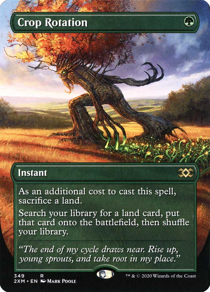 A "Magic: The Gathering" card titled "Crop Rotation (Toppers) [Double Masters]" with an illustration of a tree-like creature moving through a field. The card, featured in the Double Masters set, has a green border and the text box below lists its Instant ability and flavor text. The card's rarity is marked as Rare, with the set symbol and other information also visible.