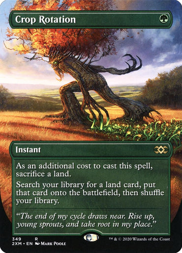 A "Magic: The Gathering" card titled "Crop Rotation (Toppers) [Double Masters]" with an illustration of a tree-like creature moving through a field. The card, featured in the Double Masters set, has a green border and the text box below lists its Instant ability and flavor text. The card's rarity is marked as Rare, with the set symbol and other information also visible.