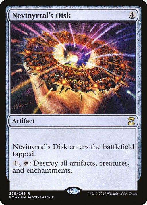 A Magic: The Gathering card titled "Nevinyrral's Disk [Eternal Masters]" features an artifact illustration. A glowing, spiked disk is held by a hand, emitting colorful energy. Card text specifies it enters the battlefield tapped and can be paid mana and tapped to destroy all artifacts, creatures, and enchantments.