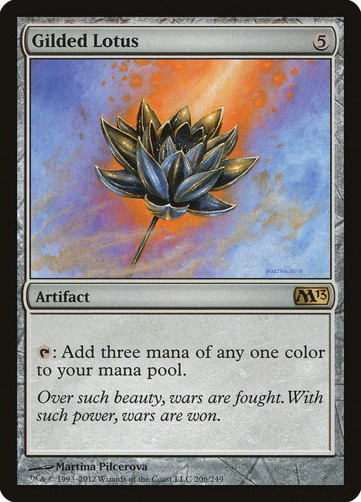 A Magic: The Gathering product Gilded Lotus [Magic 2013], from the Magic: The Gathering set. It features a black lotus with a golden glow against a vibrant sunrise or sunset background. This rare artifact costs 5 mana to cast and can tap to add 3 mana of any one color to your mana pool. Text reads: "Over such beauty, wars are fought...